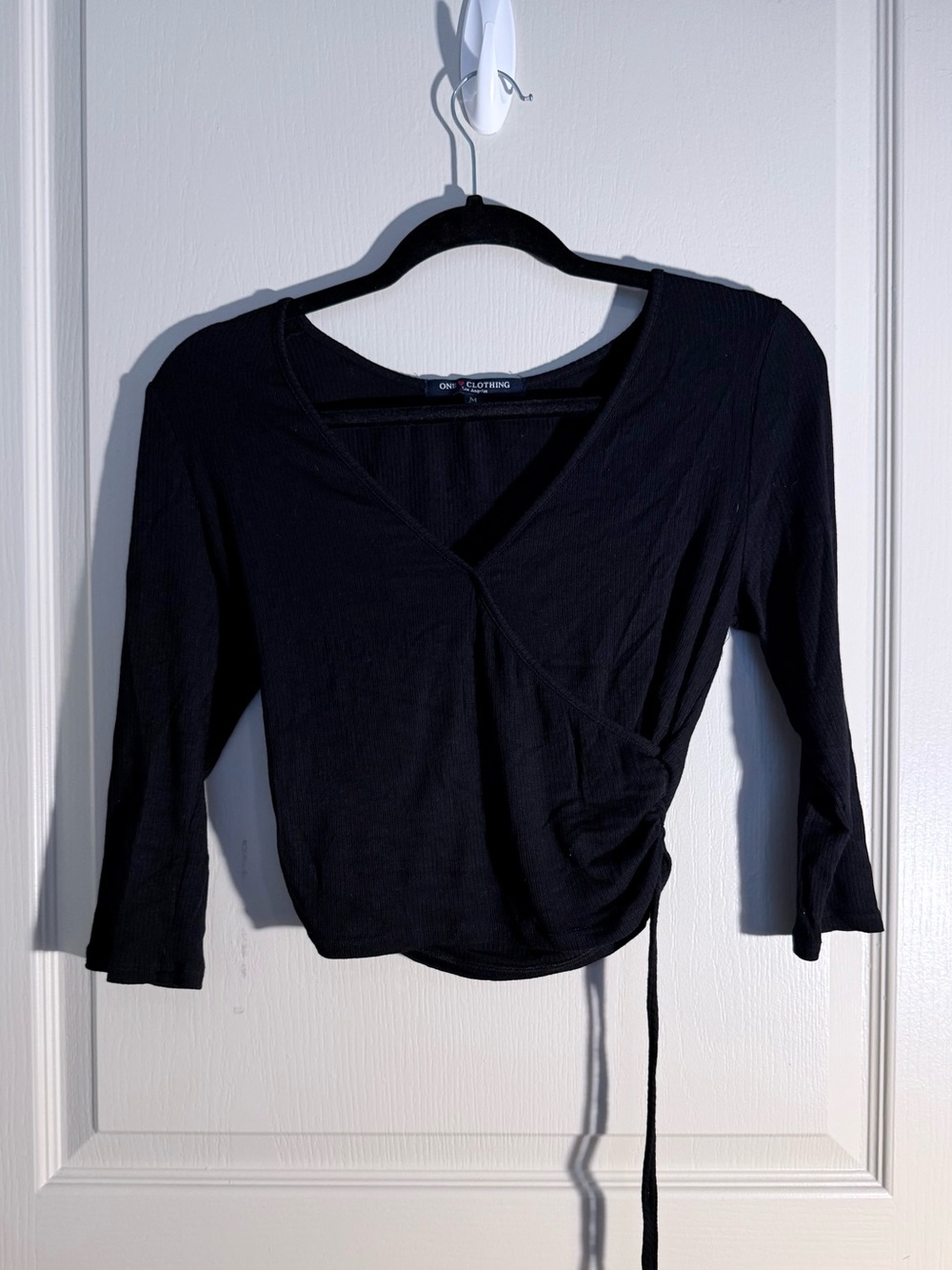 one clothing Black Ribbed Wrap Crop Top with Side Tie